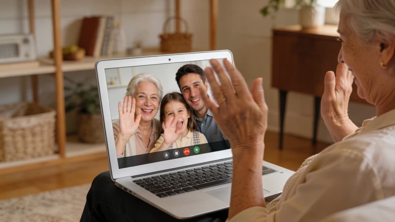 Recibiendo una llamada entrante, mujer mayor saludando y sonriendo en la sala de estar, saludando a la familia por el portátil