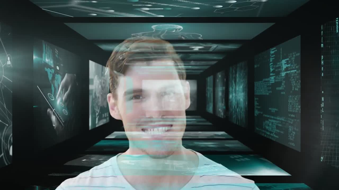 animación del procesamiento de datos sobre el empresario caucásico sonriente