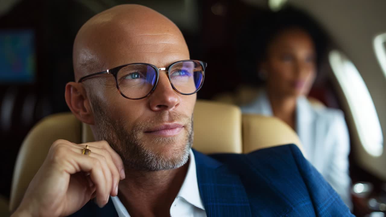 A thoughtful businessman enjoying a moment of relaxation in a private jet, embodying luxury and focus, captivated by the journey ahead, reflecting on his aspirations and career achievements