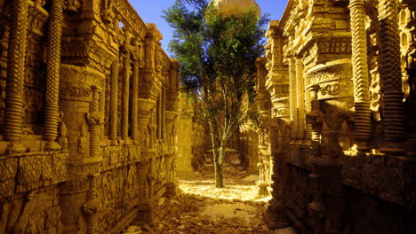 ancient temple ruins surrounded by majestic tree in golden sunlight
