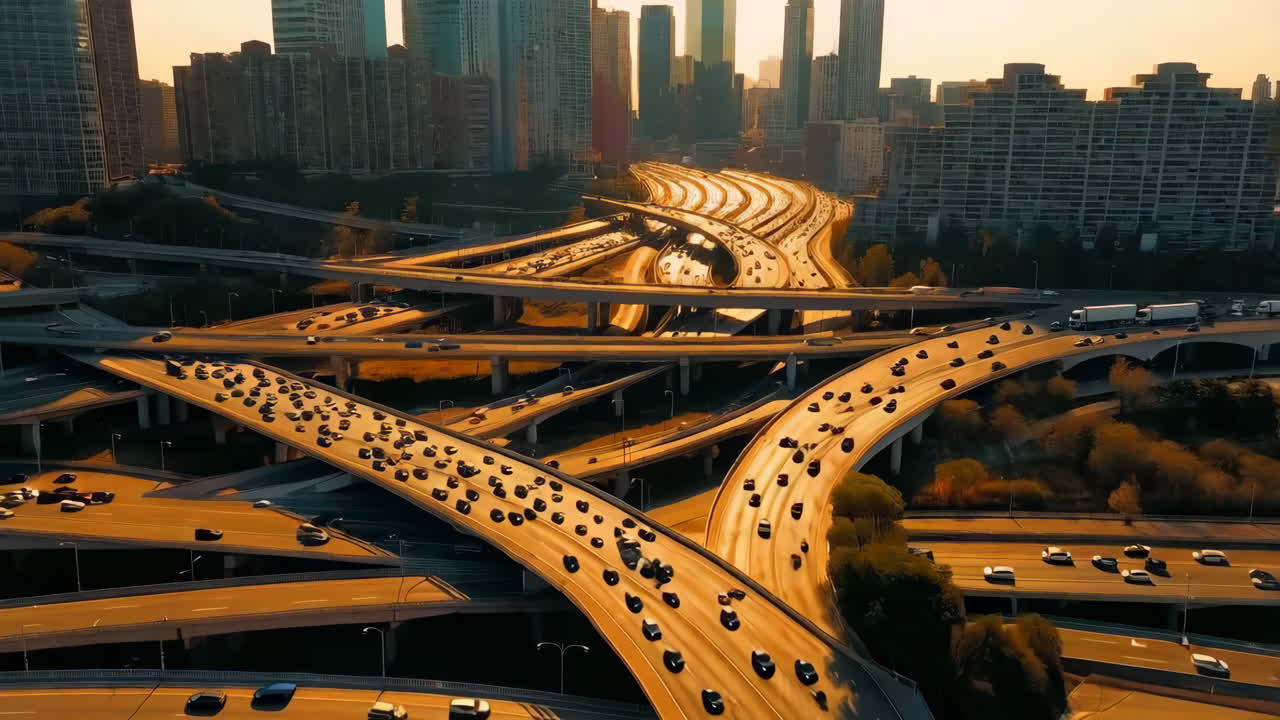 Aerial View of a Complex Highway Intersection at Sunset