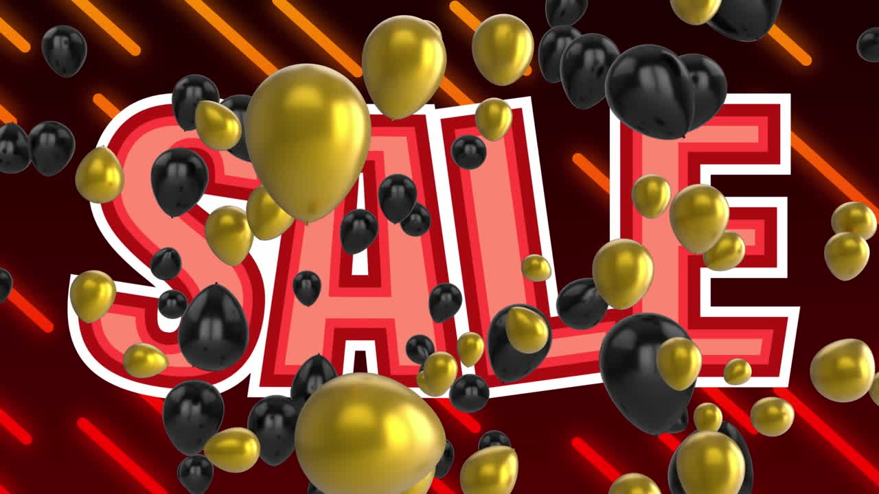 animación de venta de texto rojo, sobre líneas de neón naranja, con globos rojos y dorados en negro