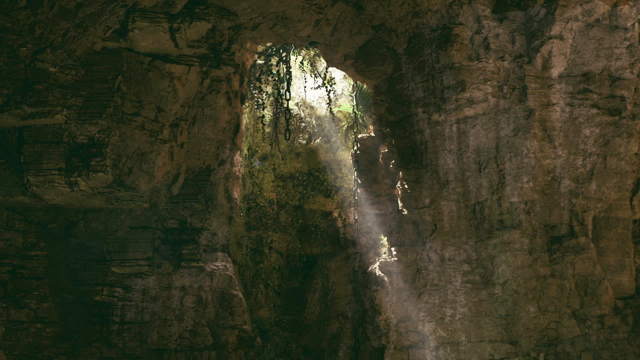 Scena di una grotta luminosa: una voragine illuminata dal sole, piena di vegetazione lussureggiante e viti pendenti.