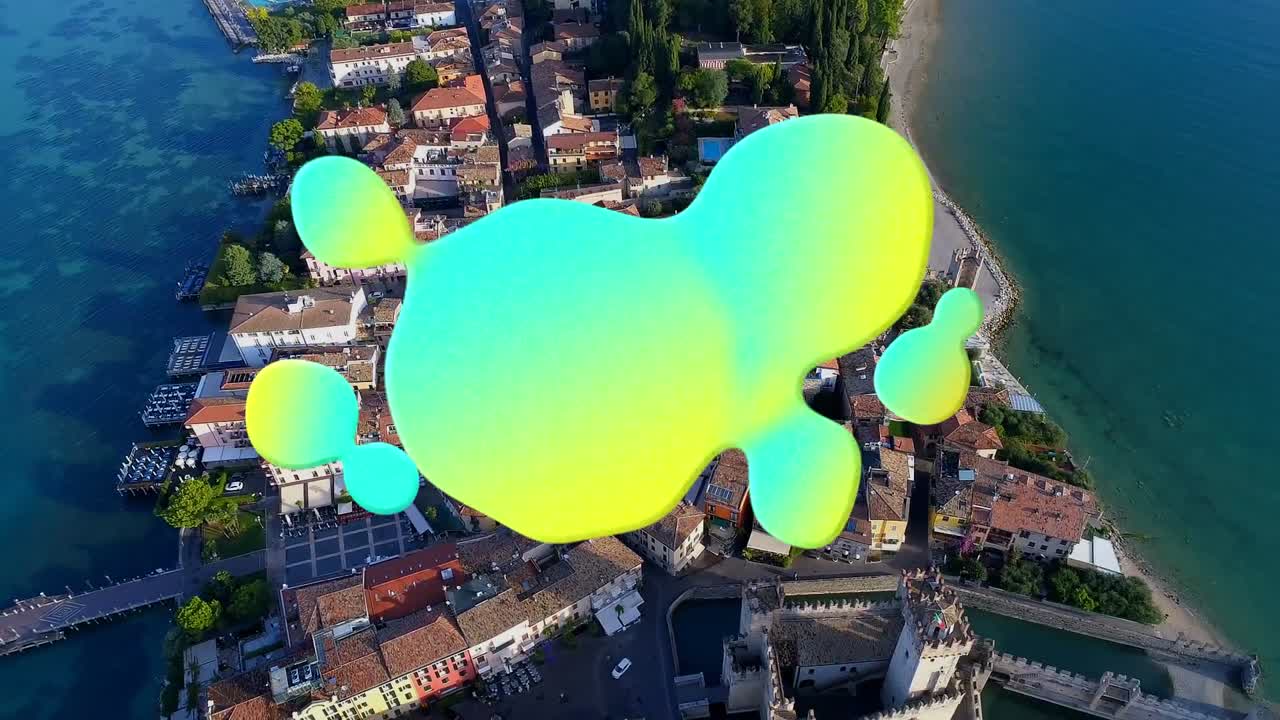 도시 풍경의 공중 전망에 대한 복사 공간과 함께 그래디언트 추상 모양의 디지털 구성