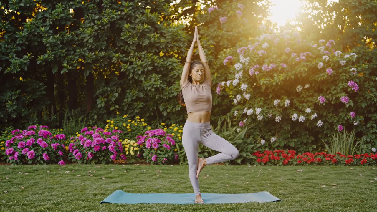 A woman practices yoga in a garden during sunset. The video captures her in a tree pose from a front