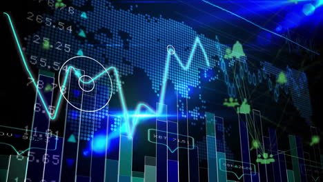 animation of digital world map with fluctuating graphs and data points in blue tones