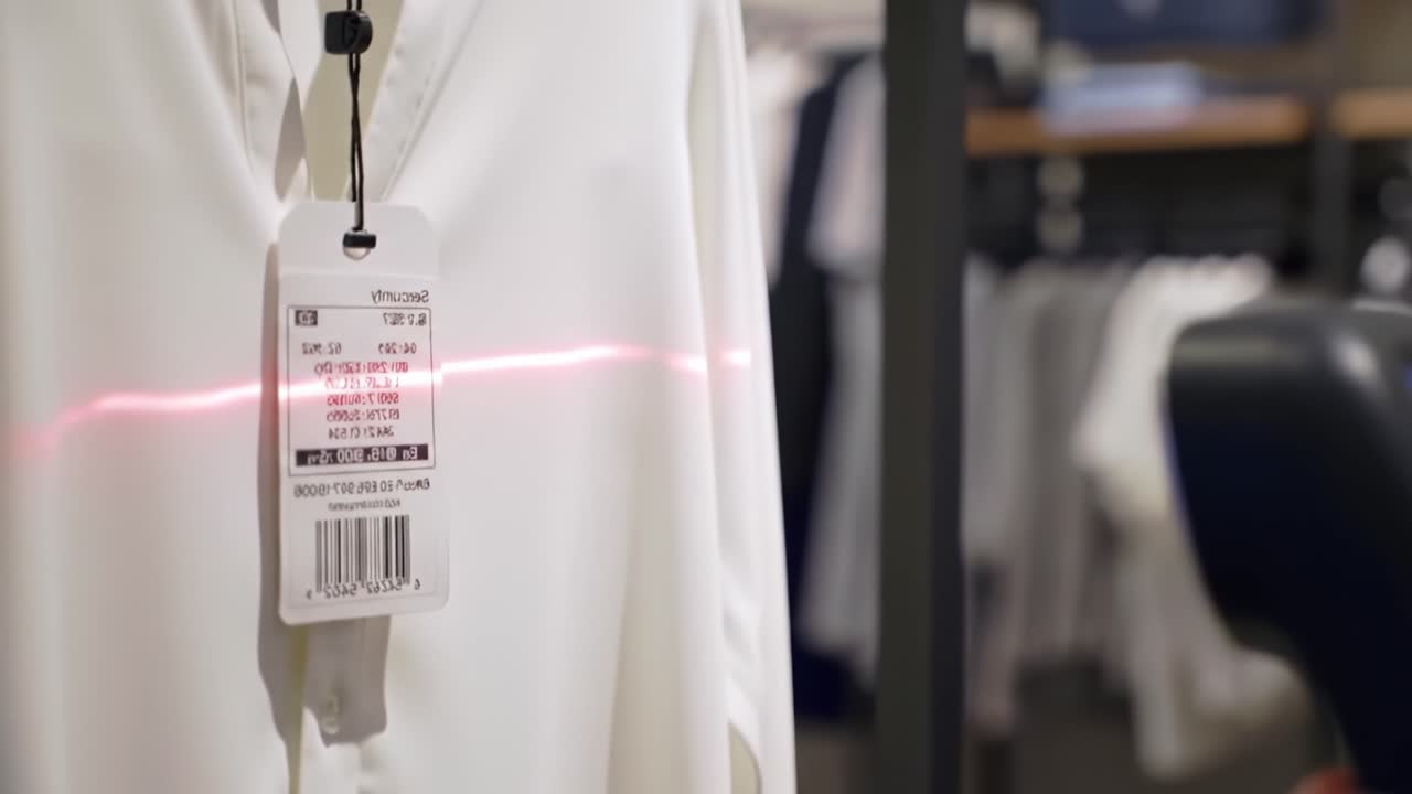 Scanning Process of a Clothing Tag: A Close-Up Look at Retail Technology in Action Featuring a White Shirt with Price and Barcode Information Being Scanned