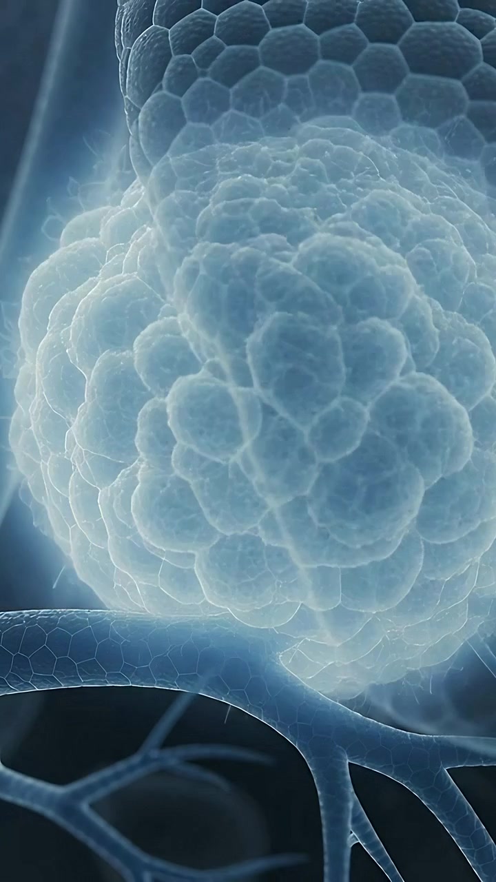 Video verticale: zoom della fotocamera che invia una cellula chiara verso un tubo a nido d'ape e una rete ramificata