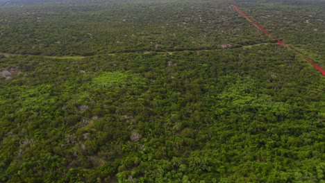 Fängt-Eine-Atemberaubende-Aufnahme-Einer-Roten-Unbefestigten-Straße-Ein,-Die-Sich-An-Einem-Bewölkten-Tag-Durch-Eine-Tropische-Landschaft-Mit-Niedriger-Vegetation-Schlängelt