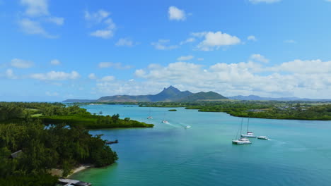 aerial drone view of ile aux cerfs, flacq, mauritius island, indian ocean