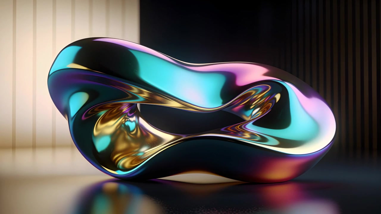 Shifting camera causing loop rotating, revealing cavity on glossy studio floor, casting cyan glints