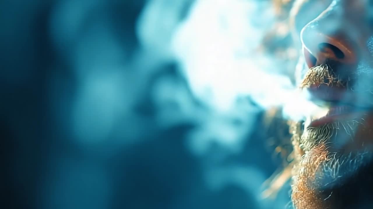 Man exhaling smoke in a dim environment. A man breathes out a thick cloud of smoke in a softly lit space, creating an ethereal atmosphere.