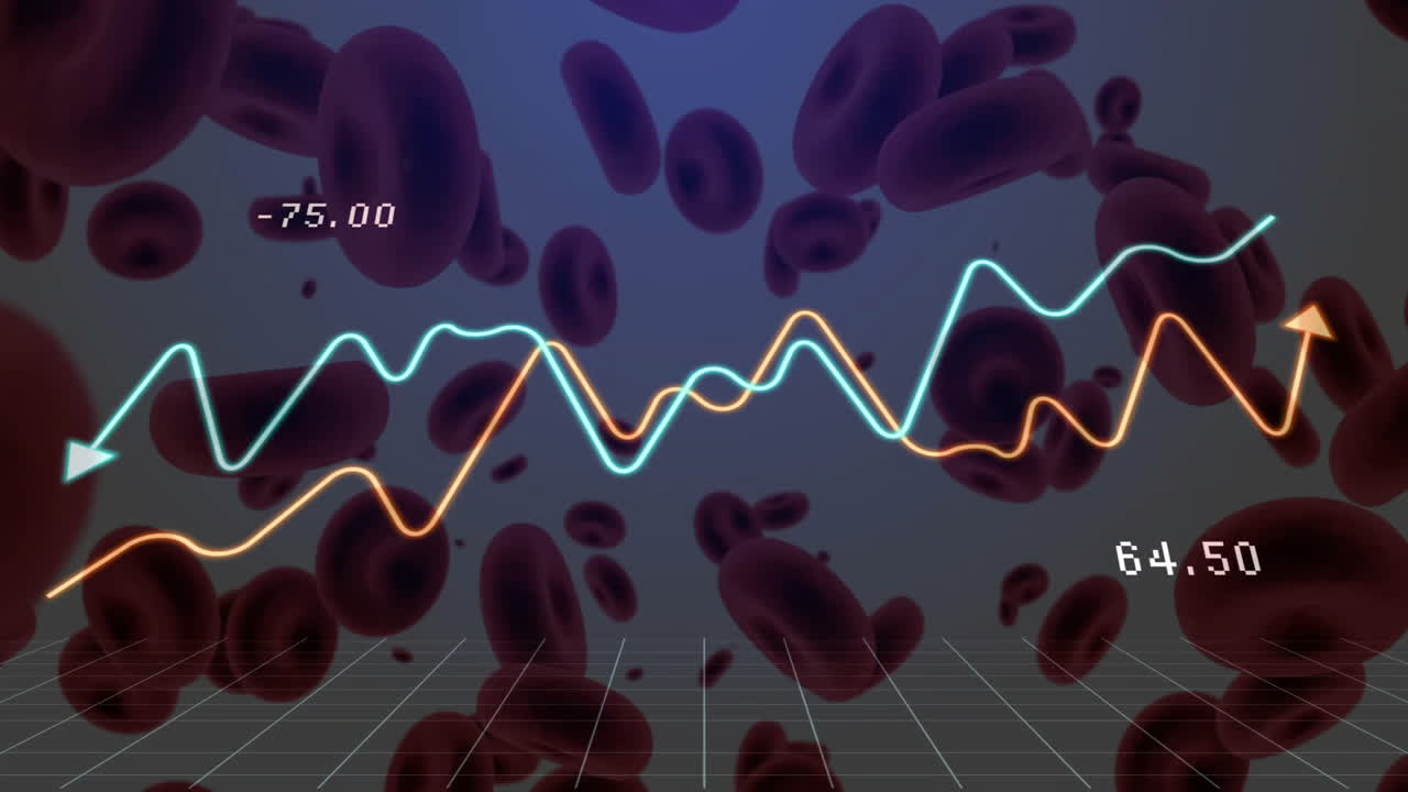 적혈구 배경에 대한 그래프 라인 및 숫자 데이터 애니메이션