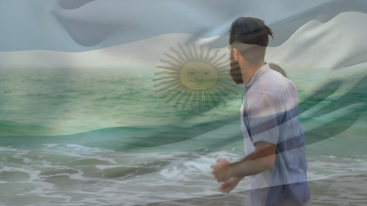 Walking on beach, couple with Argentina flag animation overlay in scene
