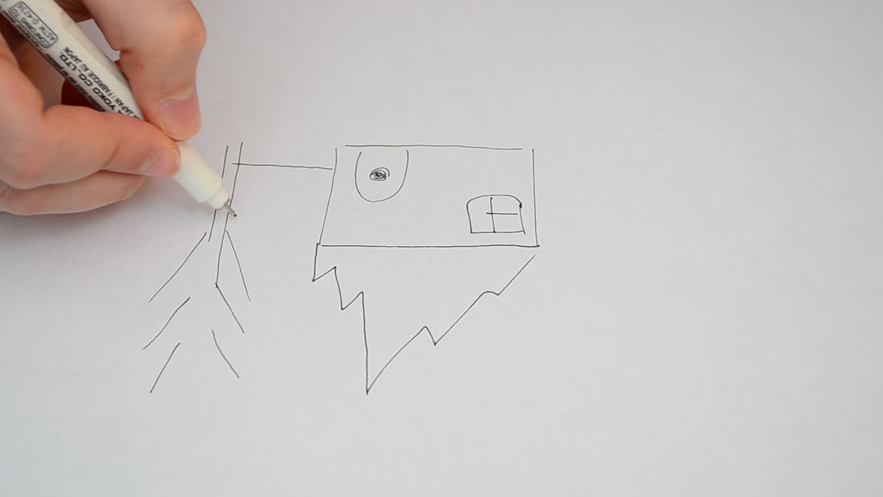 We draw the house. Drawing on a leaf in the real mode of time
