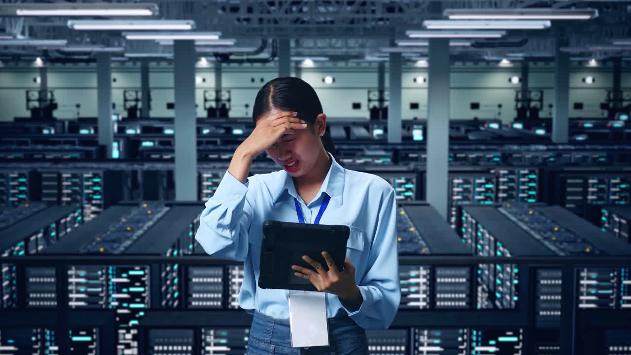 An Asian Business Woman Not Satisfied And Shakes Her Head While Using Tablet In Data Center
