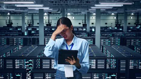 una mujer de negocios asiática no está satisfecha y sacude la cabeza mientras usa una tableta en el centro de datos