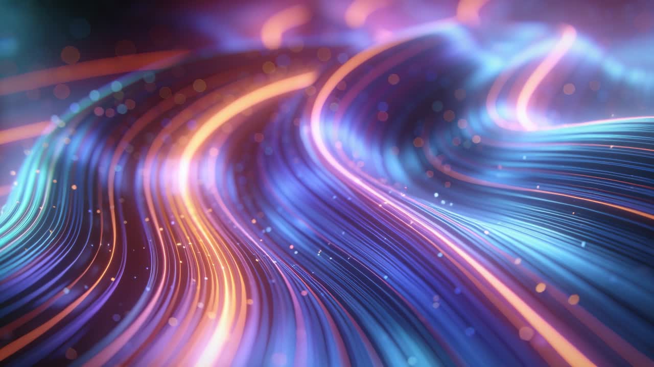 Sledovací kamera odhalující zářící vlákna stuhy vlnící se a pulzující v CGI poli, s částicemi.