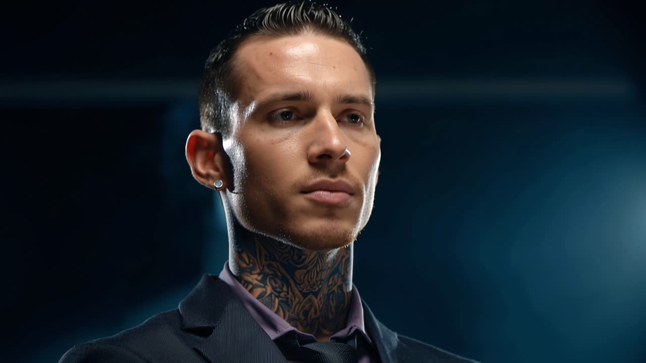 Un uomo tatuato in abito scuro sta in piedi con sicurezza. Le braccia sono incrociate, la postura ferma e decisa. Collo e mani mostrano dettagliati disegni di inchiostro. Guarda in avanti con un'espressione seria e concentrata.