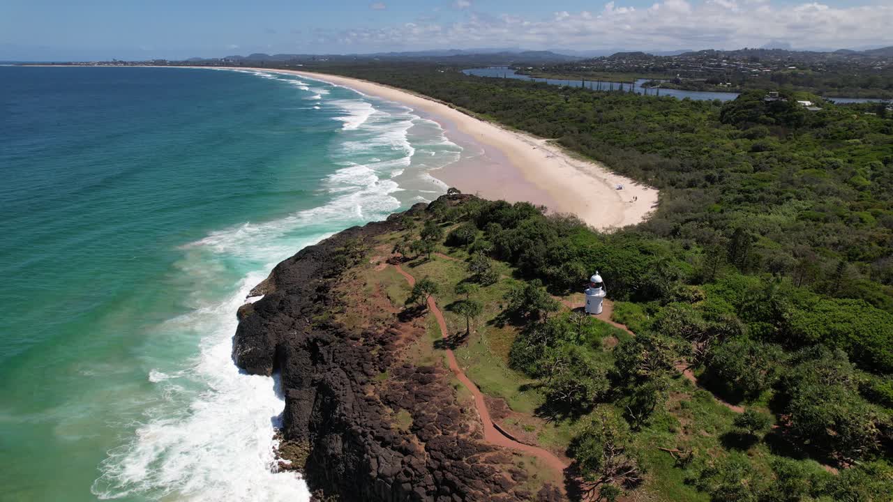Aerial View Of Lighthouse On Fingal Head With View Of Dreamtime Beach And Tweed River In New South Wales, Australia.