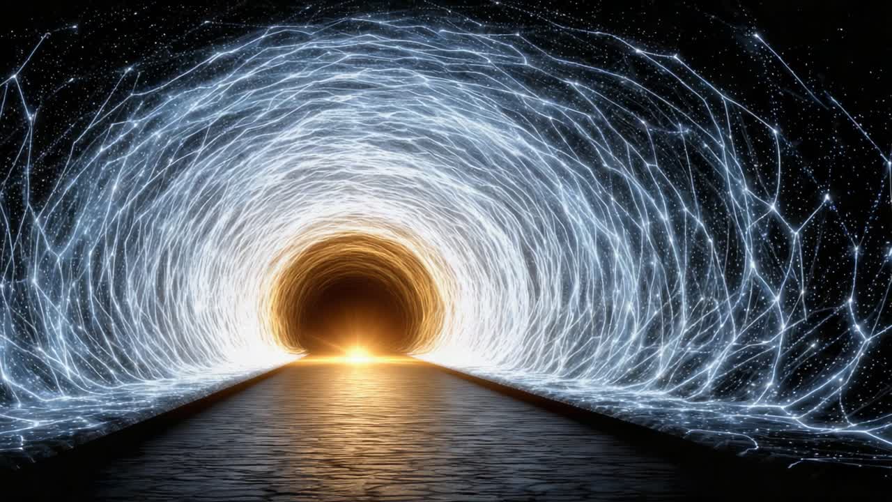 A Captivating Journey Through a Cosmic Tunnel of Light and Stars, Leading to a Radiant Horizon, Mesmerizing the Viewer with Its Beauty and Depth
