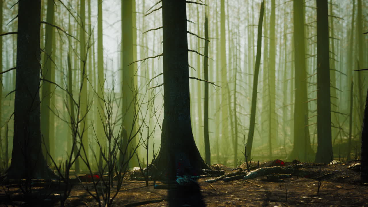 un bosque quemado espeluznante con árboles muertos