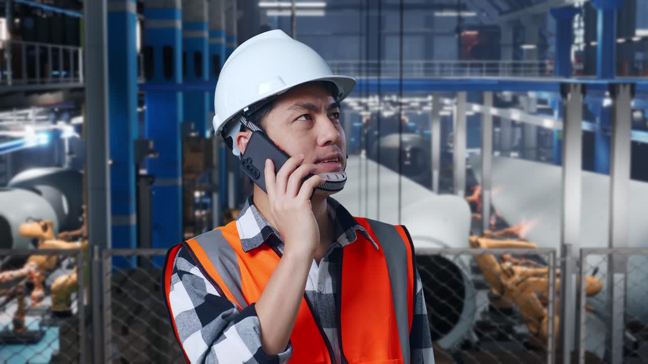 primer plano de un ingeniero asiático con casco de seguridad hablando en su teléfono inteligente mientras estaba de pie en una fábrica de fabricación de turbinas eólicas