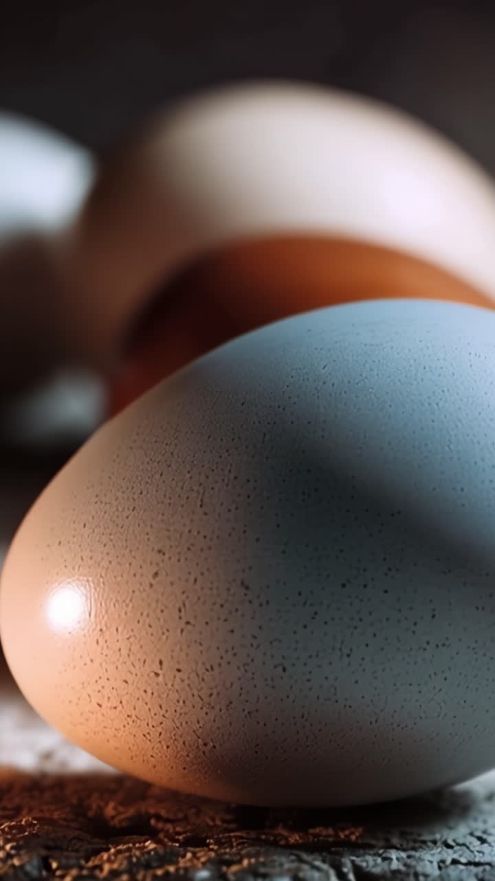 Close-Up of Colorful Farm Fresh Eggs on a Rustic Surface with Soft Lighting Enhancing the Textures and Natural Hues of the Shells in a Warm Atmosphere