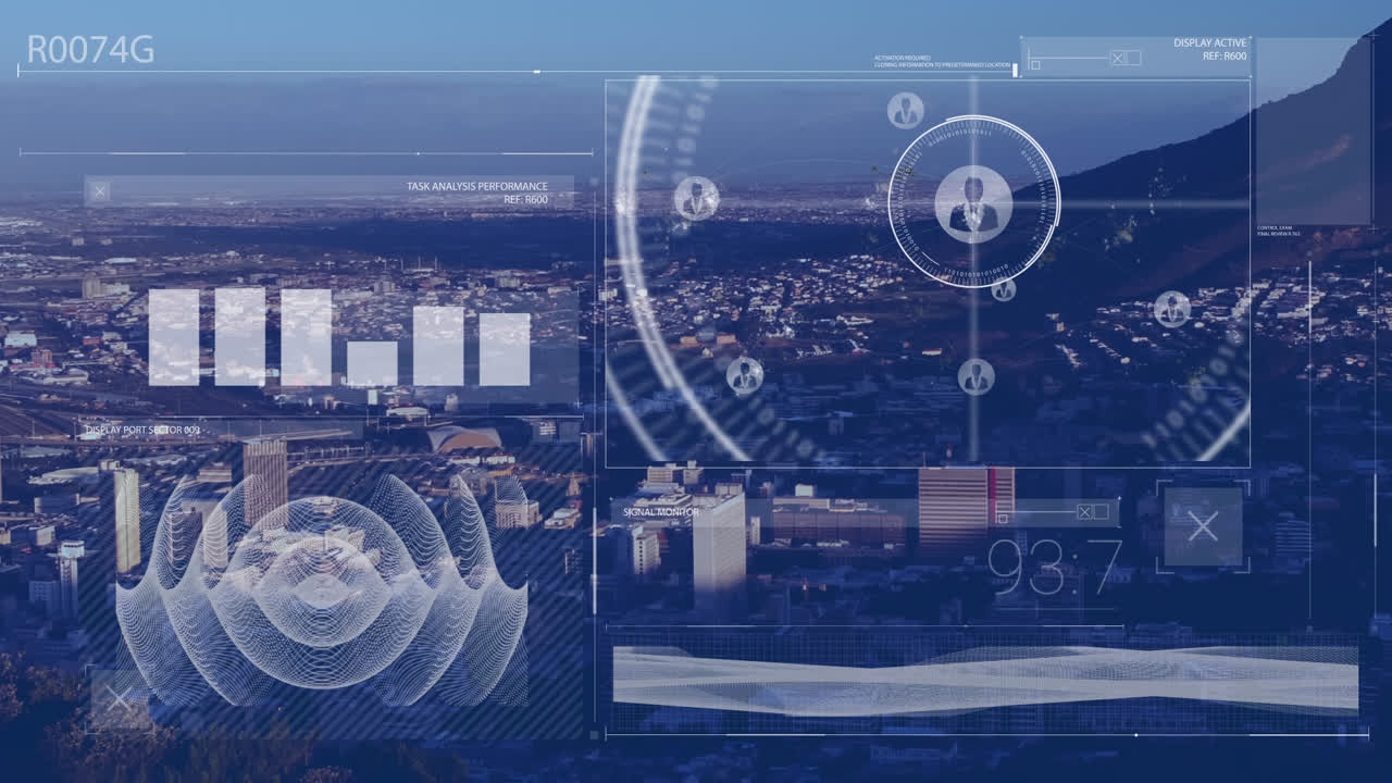 animación del procesamiento de datos e iconos sobre el paisaje urbano