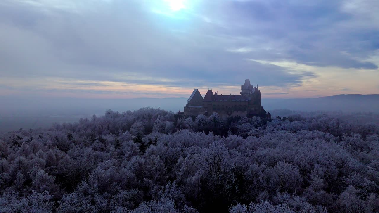 Kreuzenstein Castle During Winter In Leobendorf, Austria - Aerial Drone Shot