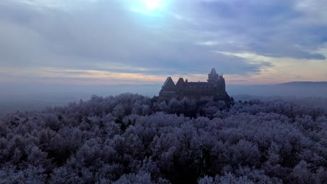 kreuzenstein castle during winter in leobendorf, austria - aerial drone shot