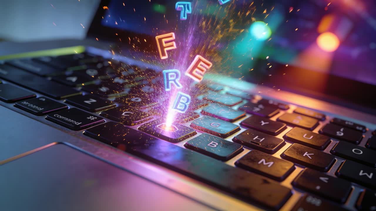 Tecla Command iluminada e teclado de laptop emitindo feixes roxos e letras neon em uma estação de trabalho.