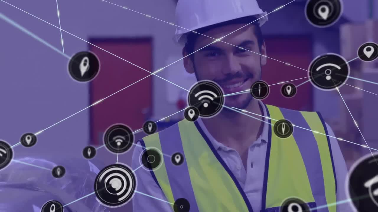 animación de la red de conexiones sobre el hombre caucásico que trabaja en el almacén