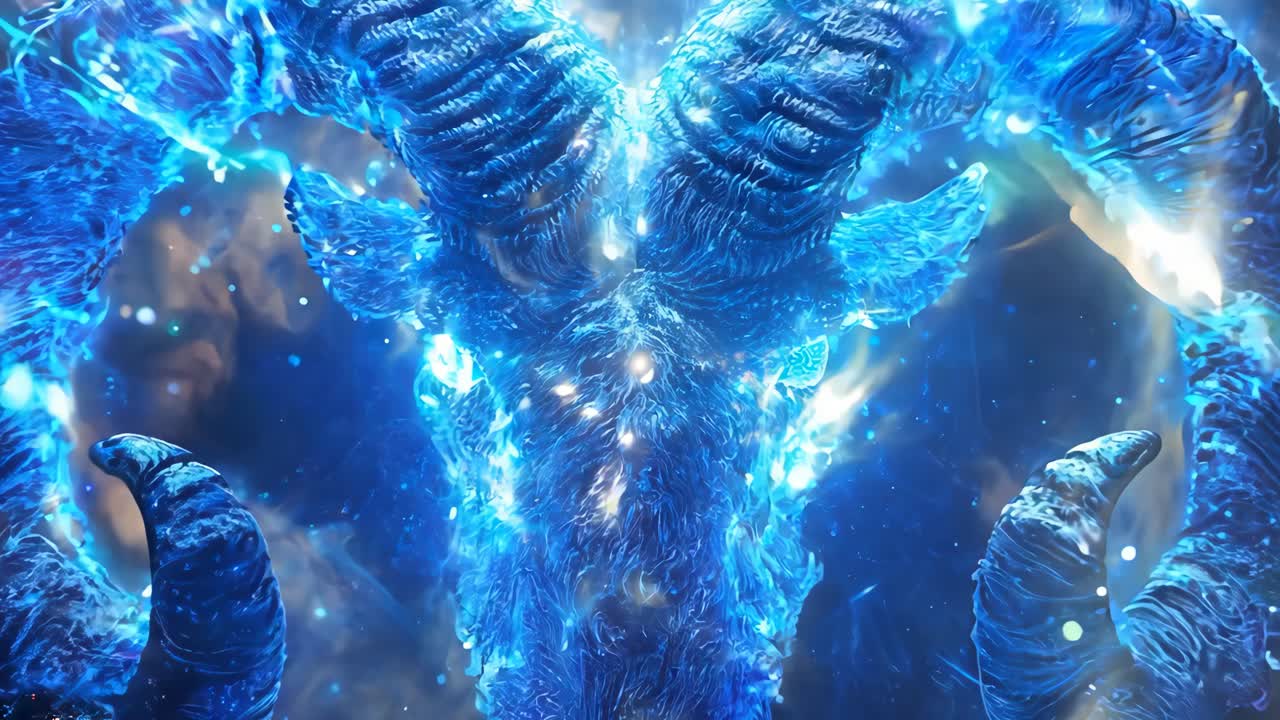 A blue ram with fire on its horns. The ram is surrounded by fire and smoke. The ram is the center of attention in the image