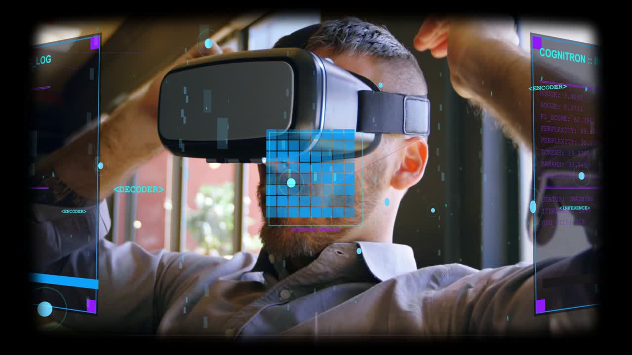Teknologiproff løfter VR-hodesett til ansiktet, justerer stroppen, deretter gestikulerer og manipulerer holopaneler.