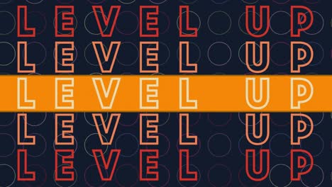 animation of level up text repeated over colorful circles on black background