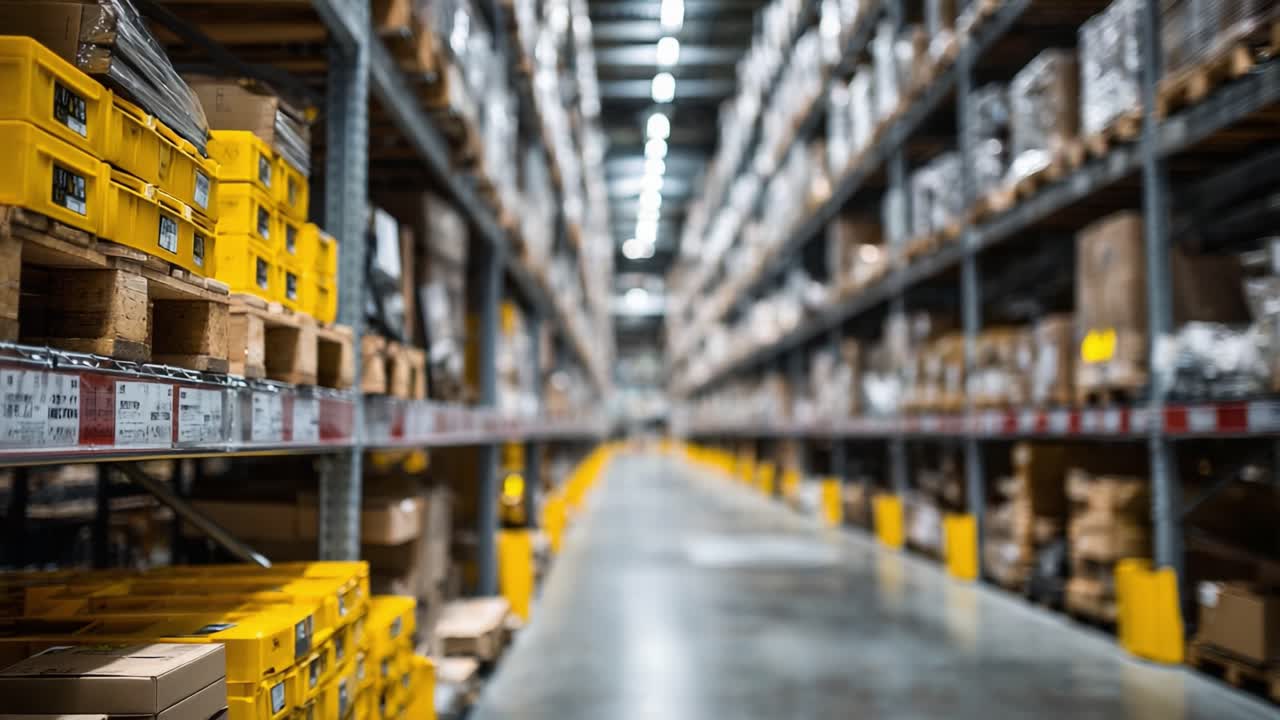 Expansive View of a Modern Warehouse Interior Featuring Organized Aisles Filled with Yellow Storage Bins and Various Supplies in Shelves