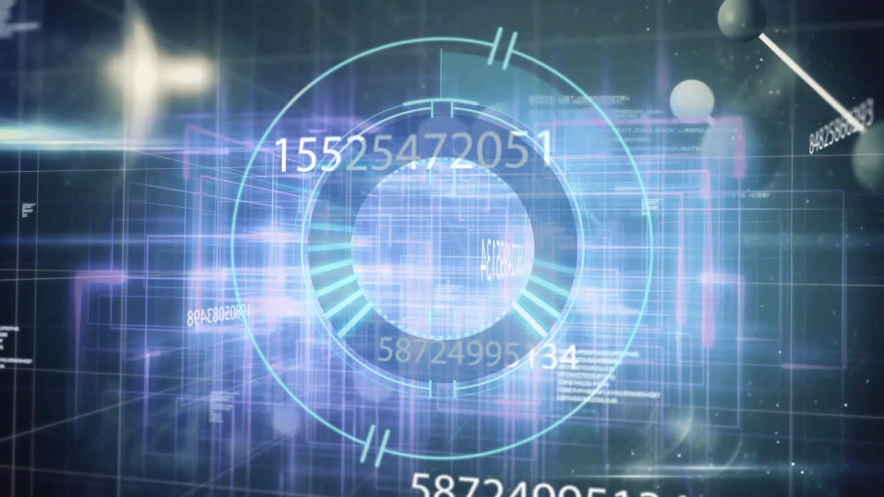 Central circular HUD spinning over semi-transparent grid lines, showing numeric overlays in 3D