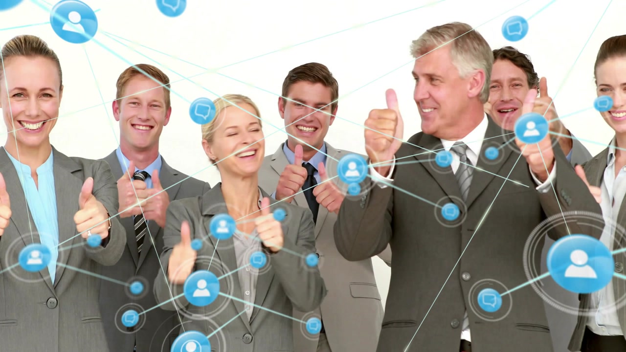 Corp team giving thumbs-up while blue node popping and HUD lines crossing faces showing networking