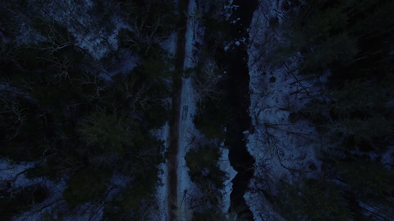 imágenes suaves de drones nocturnos de un hermoso camino a través de un bosque invernal nevado en las montañas apalaches durante el invierno en el valle del hudson de nueva york en el sub-rango de las montañas catskill