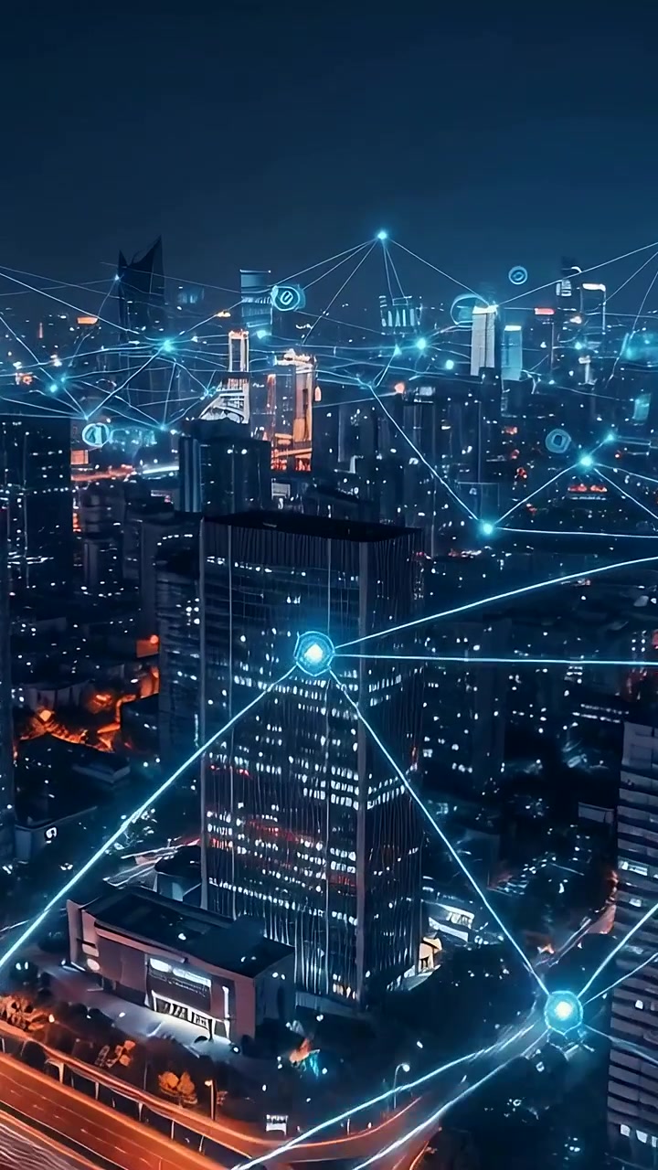 Video verticale: Animazione di una rete digitale dopo un segnale sul centro città, che collega nodi illuminati per mappare la rete.
