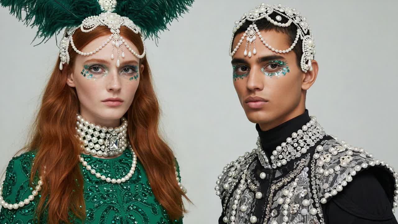 Elegant Fashion Portrait Featuring Two Models with Intricate Beaded Accessories, Elaborate Headdresses, and Stunning Makeup in a High-Contrast Studio Setting