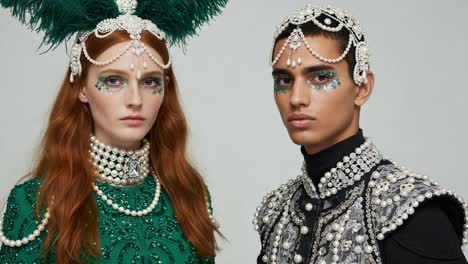 elegant fashion portrait featuring two models with intricate beaded accessories, elaborate headdresses, and stunning makeup in a high-contrast studio setting