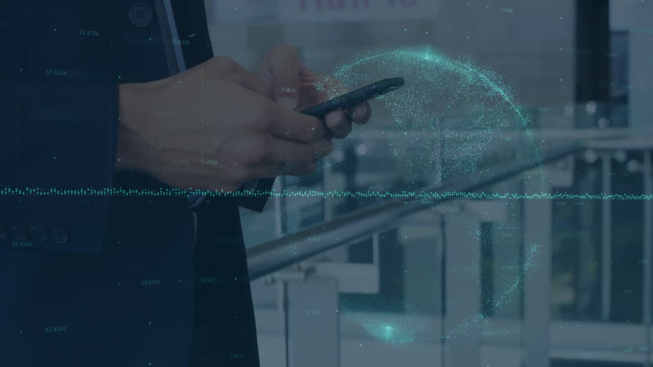 Animation of financial data and globe over hands of caucasian businessman using smartphone
