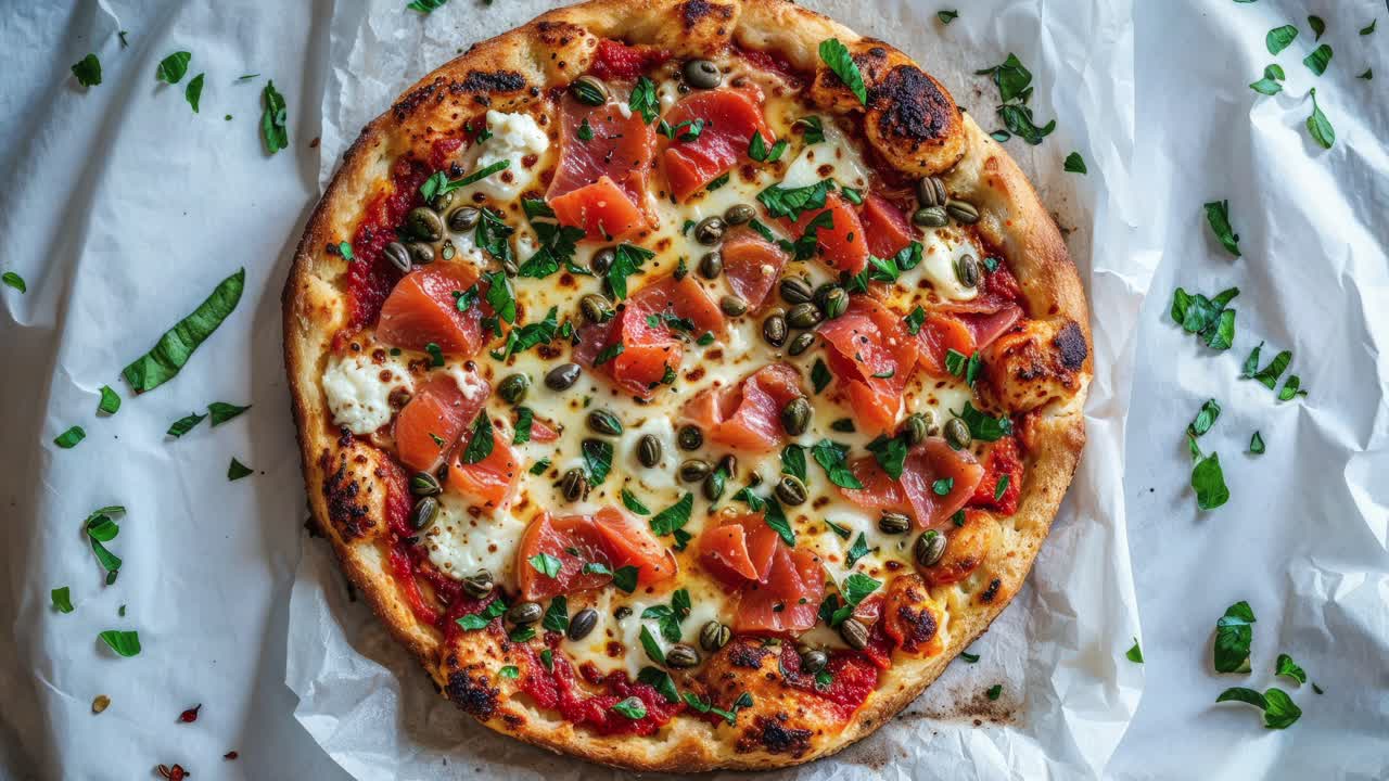 пицца с копченым лососем с каперсами.