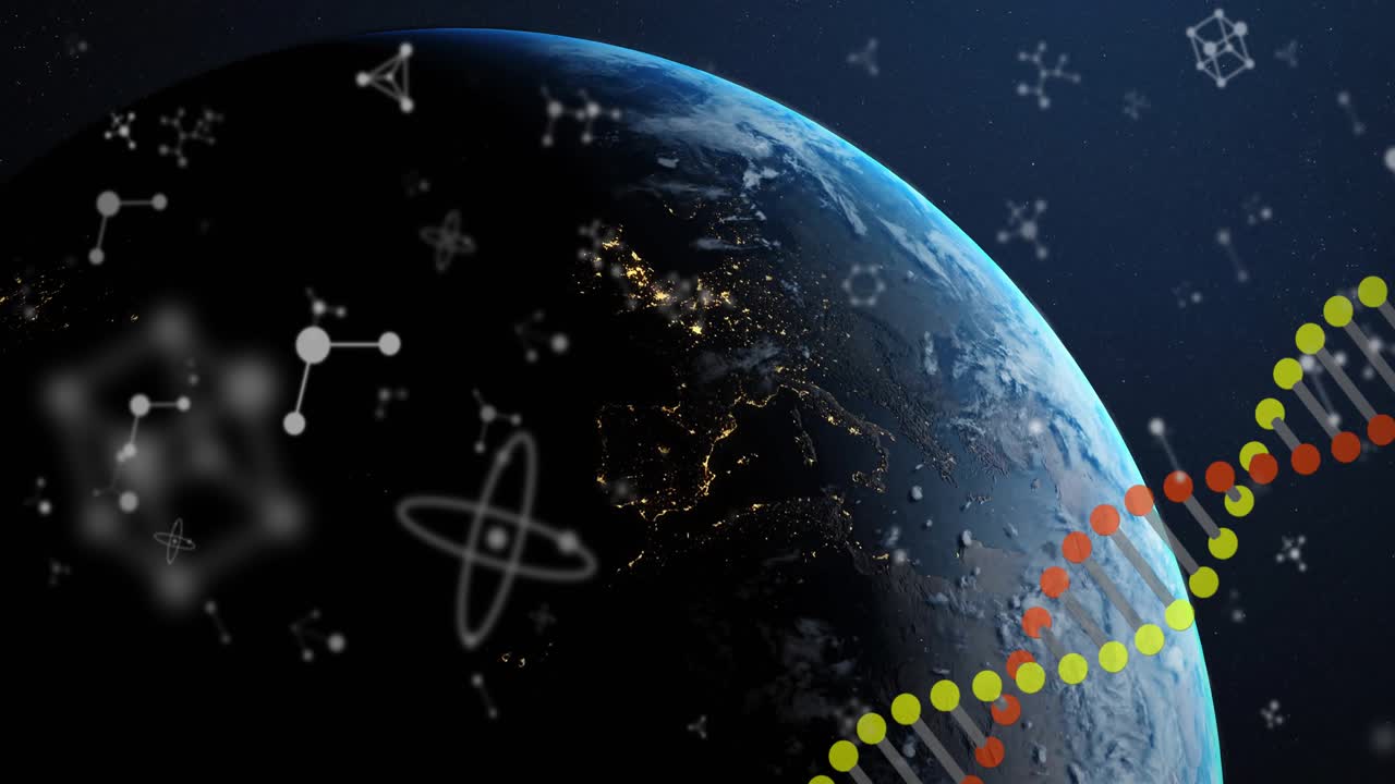 宇宙から見た地球の上空に重ねて表示される分子構造とDNA鎖のアニメーション