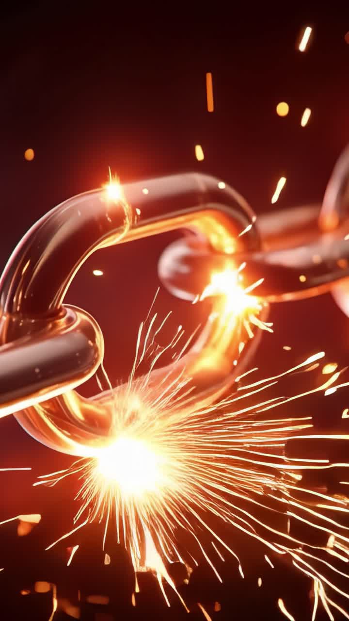 Close-up of a glowing metal chain link with sparks, depicting the strength and connection in modern technology or symbolic unity through visual effect