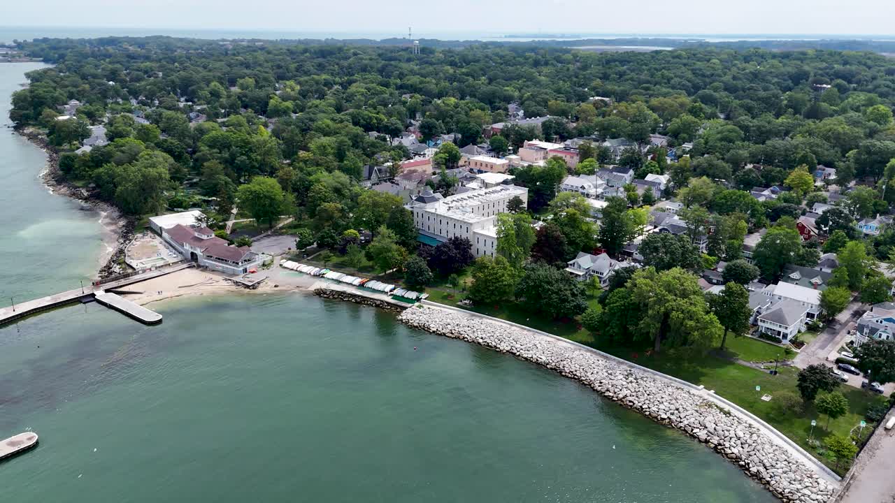 Lakeside Chautuaqua, Ohio, homes on shoreline, aerial drone