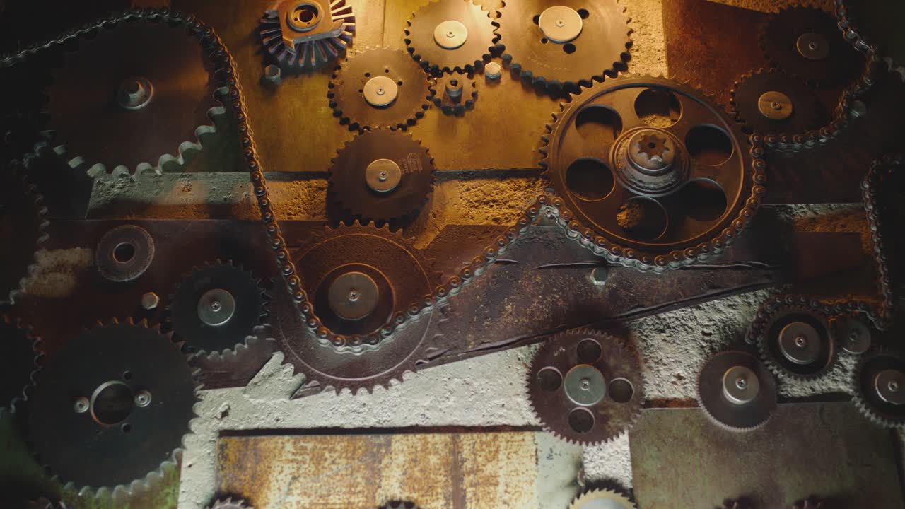 cámara que se mueve en la pared decorada con mecanismo de engranajes metálicos y lámparas de estilo loft. interior con diseño de estilo industrial. movimiento lento de primer plano. luces intermitentes.