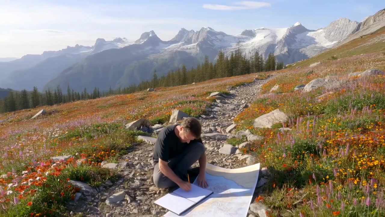Escursionista seduto studia una grande mappa aperta accanto a un sentiero alpino roccioso, mani che tengono la carta durante un controllo mirato del percorso in un prato fiorito colorato con cime innevate distanti e ampia montagna